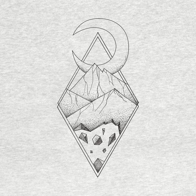 Geometric mountain in a diamonds with moon (tattoo style - black and white) by beatrizxe
